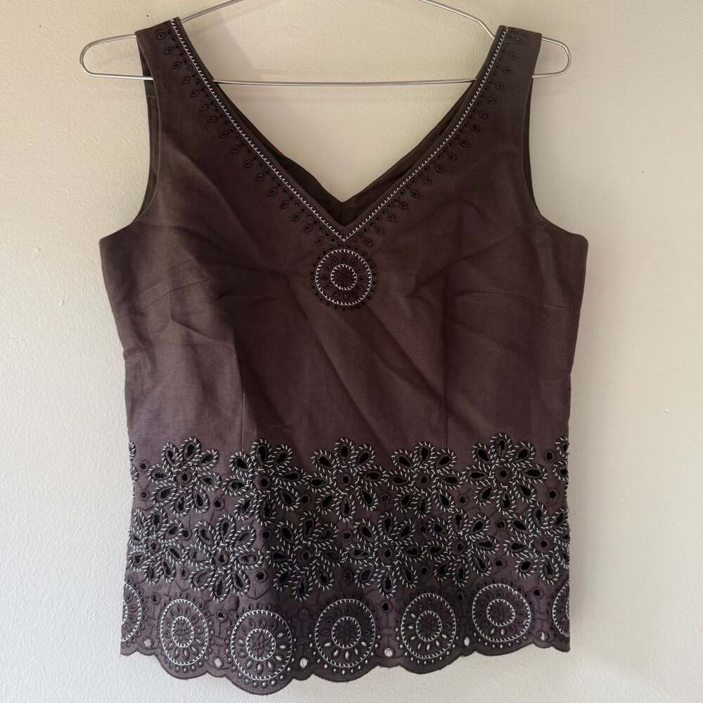 Petite Brown Eyelet EmbroideryTank Top Scalloped Hem